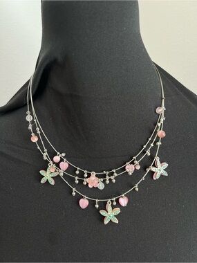 Y2K Pink Beaded Floral Charm Layered Necklace
